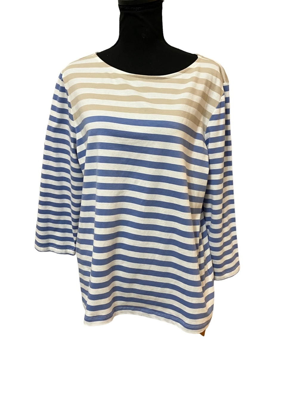 Ruby Rd. Blue & Cream Striped Boatneck 3/4 Sleeve Top